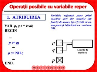 M a r i a G u t u
1. ATRIBUIREA
Variabila referinţă poate primi
valoarea unei alte variabile sau
funcţie de acelaşi tip referinţă cu ea,
sau poate fi iniţializată cu constanta
NIL.
VAR p, q : ^ real;
BEGIN
p := q;
p := NIL;
...
...
...
END.
p
q Locaţie de
memorie
p
 