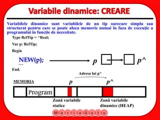 M a r i a G u t u
Variabilele dinamice sunt variabilele de un tip oarecare simplu sau
structurat pentru care se poate aloca memorie numai în faza de execuţie a
programului în funcţie de necesitate.
Type RefTip = ^Real;
Var p: RefTip;
Begin
NEW(p);...
End.
Zonă variabile
statice
Zonă variabile
dinamice (HEAP)
p p^MEMORIA
Program
Adresa lui p^
p p^
 