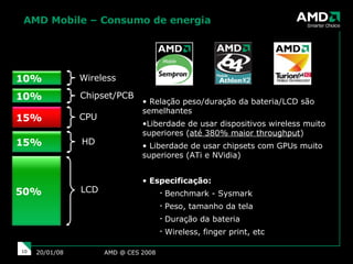 AMD Mobile – Consumo de energia AMD @ CES 2008 29/05/09 Chipset/PCB Relação peso/duração da bateria/LCD são semelhantes Liberdade de usar dispositivos wireless muito superiores ( até 380% maior throughput ) Liberdade de usar chipsets com GPUs muito superiores (ATi e NVidia) Especificação: Benchmark - Sysmark Peso, tamanho da tela Duração da bateria Wireless, finger print, etc 50% LCD 15% HD 15% CPU 10% 10% Wireless 