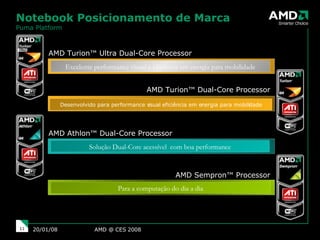 Notebook Posicionamento de Marca Puma Platform AMD @ CES 2008 29/05/09 Excelente performance visual e eficiência em energia para mobilidade Desenvolvido para performance visual eficiência em energia para mobilidade AMD Turion™ Ultra Dual-Core Processor AMD Turion™ Dual-Core Processor AMD Athlon™ Dual-Core Processor AMD Sempron™ Processor Para a computação do dia a dia Solução Dual-Core acessível  com boa performance 