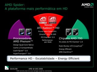 AMD @ CES 2008 29/05/09 AMD Spider:  A plataforma mais performática em HD *AMD warranty does not cover damages caused by overclocking. Performance HD - Escalabilidade – Energy Efficient Processadores AMD Phenom™ Design Quad-Core Nativo Cache L3 Compartilhado Cool’n’Quiet™ 2.0 HyperTransport™ 3.0 Novas  ATI Radeon™ HD Pronta para Quad-GPU DirectX ®  10.1 & UVD PCI Express ®  2.0 Performance-   por-Watt Chipsets AMD 790 42 pistas de PCI Express ®  2.0 Multi-Monitor ATI CrossFireX ™ Energy Efficient AMD OverDrive™ 