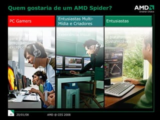 Quem gostaria de um AMD Spider? AMD @ CES 2008 29/05/09 PC Gamers   … quem deseja uma plataforma excepcional para jogos com um preço também excepcional Entusiastas Multi-Mídia e Criadores … quem exige a melhor Experiência Visual Entusiastas … quem busca baixo consumo, escalabilidade e plataformas customizáveis 