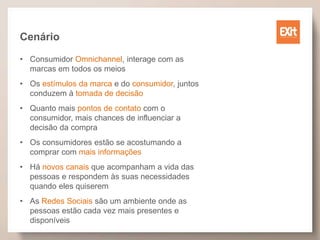 Cenário
• Consumidor Omnichannel, interage com as
marcas em todos os meios
• Os estímulos da marca e do consumidor, juntos
conduzem à tomada de decisão
• Quanto mais pontos de contato com o
consumidor, mais chances de influenciar a
decisão da compra
• Os consumidores estão se acostumando a
comprar com mais informações
• Há novos canais que acompanham a vida das
pessoas e respondem às suas necessidades
quando eles quiserem
• As Redes Sociais são um ambiente onde as
pessoas estão cada vez mais presentes e
disponíveis
 