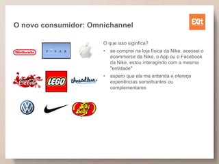O novo consumidor: Omnichannel
O que isso siginfica?
• se comprei na loja física da Nike, acessei o
ecommerce da Nike, o App ou o Facebook
da Nike, estou interagindo com a mesma
"entidade"
• espero que ela me entenda e ofereça
experiências semelhantes ou
complementares
 