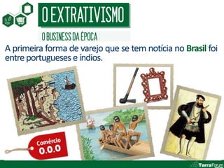 O EXTRATIVISMO
          O BUSINESS DA ÉPOCA
A primeira forma de varejo que se tem notícia no Brasil foi
entre portugueses e índios.
 