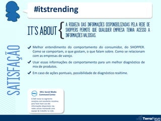 #itstrending
                                                   A RIQUEZA DAS INFORMAÇÕES DISPONIBILIZADAS PELA REDE DE
             IT’S ABOUT                            SHOPPERS PERMITE QUE QUALQUER EMPRESA TENHA ACESSO A
                                                   INFORMAÇÕES VALIOSAS.
SATISFAÇÃO
               Melhor entendimento do comportamento do consumidor, do SHOPPER.
               Como se comportam, o que gostam, o que falam sobre. Como se relacionam
               com as empresas de varejo.
               Usar essas informações de comportamento para um melhor diagnóstico de
               mix de produtos.
               Em caso de ações pontuais, possibilidade de diagnóstico realtime.




                       DELL Social Media
                       Command Center
              A Dell inova no segmento
              varejista com excelente iniciativa
              para fazer bom uso das
              informações disponíveis nas
              redes sociais montando uma
              equipe de trabalho na rede.
 