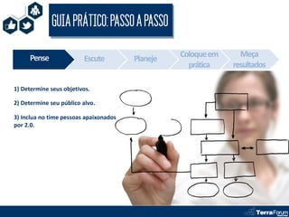 GUIA PRÁTICO: PASSO A PASSO

     Pense                                        Coloque em     Meça
                         Escute         Planeje
                                                    prática    resultados

1) Determine seus objetivos.

2) Determine seu público alvo.

3) Inclua no time pessoas apaixonados
por 2.0.
 
