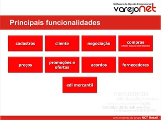 Principais funcionalidades cadastros cliente negociação compras (direto loja ou centralizada) preços promoções e ofertas acordos fornecedores edi mercantil 