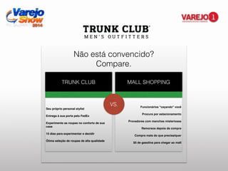 Não está convencido?
Compare.
TRUNK CLUB MALL SHOPPING
Seu próprio personal stylist!
!
Entrega à sua porta pelo FedEx!
!
Experimente as roupas no conforto de sua
casa!
!
10 dias para experimentar e decidir!
!
Ótima seleção de roupas de alta qualidade
Funcionários "caçando" você!
!
Procura por estacionamento!
!
Provadores com manchas misteriosas!
!
Remorsos depois da compra!
!
Compra mais do que precisa/quer!
!
$5 de gasolina para chegar ao mall
VS.
 