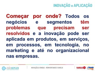 IN0VAÇÃ0 x APLICAÇÃ0 
Começar por onde? Todos os negócios e segmentos têm problemas que precisam ser resolvidos e a inovação pode ser aplicada em produtos, em serviços, em processos, em tecnologia, no marketing e até no organizacional nas empresas.  