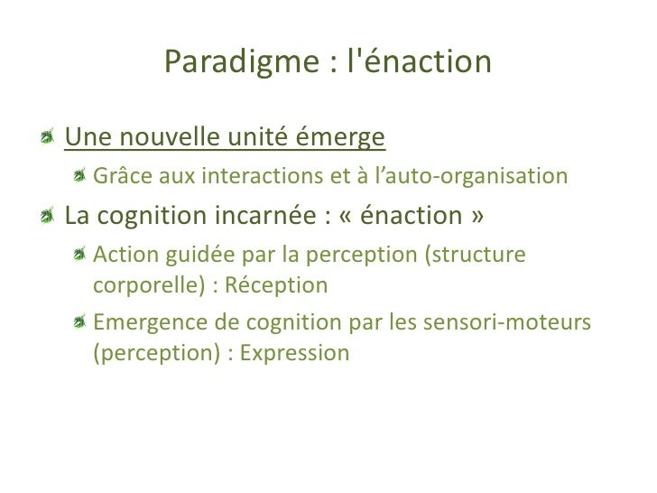 Paradigme : l'énaction Énacter: le « faire-émerger » d’une vision interactive du monde Paradigme qui unifie L 'organism...