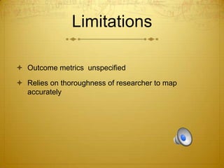 Limitations
 Outcome metrics unspecified
 Relies on thoroughness of researcher to map
accurately

 