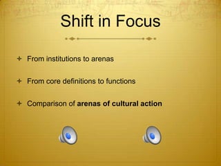 Shift in Focus
 From institutions to arenas
 From core definitions to functions

 Comparison of arenas of cultural action

 