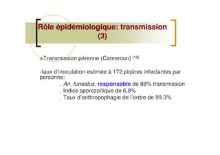 Rôle épidémiologique: transmissionRôle épidémiologique: transmission
(3)(3)
Transmission pérenne (Cameroun) (15)
-taux d’inoculation estimée à 172 piqûres infectantes par
personne:
. An. funestus, responsable de 88% transmission
. Indice sporozoïtique de 6.8%
. Taux d’anthropophagie de l’ordre de 99.3%
 