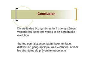 Diversité des écosystèmes font que systèmes
vectorielles sont très variés et en perpétuelle
évolution
-bonne connaissance (statut taxonomique,
distribution géographique, rôle vectoriel): affiner
les stratégies de prévention et de lutte
ConclusionConclusion
 