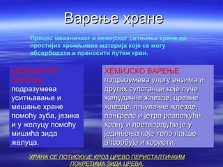 Варење хране
     Процес механичког и хемијског ситњења хране до
     простијих хранљивих материја које се могу
     абсорбовати и преносити путем крви.

МЕХАНИЧКО                 ХЕМИЈСКО ВАРЕЊЕ
ВАРЕЊЕ                    подразумева улогу ензима и
подразумева               других супстанци које луче
уситњавање и              желудачне жлезде, цревне
мешање хране              жлезде, пљувачне жлезде,
помоћу зуба, језика       панкреас и јетра разлажући
и у желуцу помоћу         храну и претварајући је у
мишића зида               једињења које тело лакше
желуца.                   апсорбује и користи.
    ХРАНА СЕ ПОТИСКУЈЕ КРОЗ ЦРЕВО ПЕРИСТАЛТИЧКИМ
                ПОКРЕТИМА ЗИДА ЦРЕВА.
 