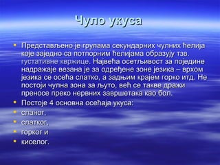 Чуло укуса
 Представљено је групама секундарних чулних ћелија
  које заједно са потпорним ћелијама образују тзв.
  густативне квржице. Највећа осетљивост за поједине
  надражаје везана је за одређене зоне језика – врхом
  језика се осећа слатко, а задњим крајем горко итд. Не
  постоји чулна зона за љуто, већ се такве дражи
  преносе преко нервних завршетака као бол.
 Постоје 4 основна осећаја укуса:
 сланог,
 слатког,
 горког и
 киселог.
 