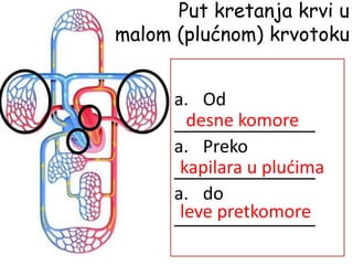 Put kretanja krvi u
malom (plućnom) krvotoku
a. Od
a. Preko
a. do
desne komore
kapilara u plućima
leve pretkomore
 