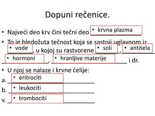Dopuni rečenice.
• Najveći deo krv čini tečni deo .
• To je bledožuta tečnost koja se sastoji uglavnom iz
, u kojoj su rastvorene ,
, i dr.
• U njoj se nalaze i krvne ćelije:
a.
b.
v.
• krvna plazma
• vode • soli • antitela
• hormoni • hranljive materije
• eritrociti
• leukociti
• trombociti
 