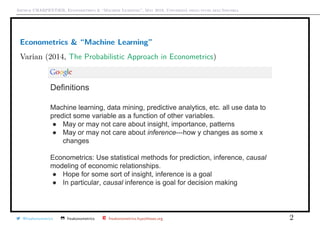 Arthur CHARPENTIER, Econometrics & “Machine Learning”, May 2018, Università degli studi dell’Insubria
Econometrics & “Machine Learning”
Varian (2014, The Probabilistic Approach in Econometrics)
@freakonometrics freakonometrics freakonometrics.hypotheses.org 2
 