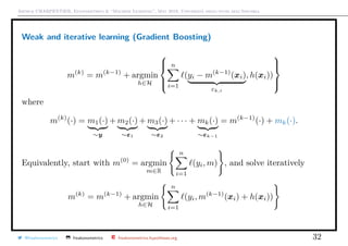 Arthur CHARPENTIER, Econometrics & “Machine Learning”, May 2018, Università degli studi dell’Insubria
Weak and iterative learning (Gradient Boosting)
m(k)
= m(k−1)
+ argmin
h∈H



n
i=1
(yi − m(k−1)
(xi)
εk,i
, h(xi))



where
m(k)
(·) = m1(·)
∼y
+ m2(·)
∼ε1
+ m3(·)
∼ε2
+ · · · + mk(·)
∼εk−1
= m(k−1)
(·) + mk(·).
Equivalently, start with m(0)
= argmin
m∈R
n
i=1
(yi, m) , and solve iteratively
m(k)
= m(k−1)
+ argmin
h∈H
n
i=1
(yi, m(k−1)
(xi) + h(xi))
@freakonometrics freakonometrics freakonometrics.hypotheses.org 32
 