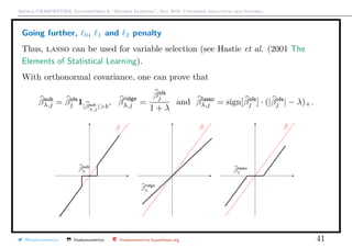Arthur CHARPENTIER, Econometrics & “Machine Learning”, May 2018, Università degli studi dell’Insubria
Going further, 0, 1 and 2 penalty
Thus, lasso can be used for variable selection (see Hastie et al. (2001 The
Elements of Statistical Learning).
With orthonormal covariance, one can prove that
βsub
λ,j = βols
j 1|βsub
λ,j
|>b
, βridge
λ,j =
βols
j
1 + λ
and βlasso
λ,j = sign[βols
j ] · (|βols
j | − λ)+.
@freakonometrics freakonometrics freakonometrics.hypotheses.org 41
 