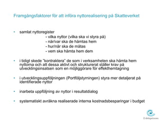 Bättre informationskvalitet SAMHÄLLEGE SERVICELEVERERA TJÄNSTERUTVECKLA TJÄNSTERANALYSERAUPPDRAG OCH BEHOVLEVERANTÖRER FÖRETAGFÖRETAG PRIVAT-PERSONERSTÖDVERKSAMHETINTRESSE-ORGANISATIONER Effektivare processer