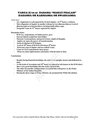 VARGA D/10 or DASAMA “MAHAT PHALAM”
DASAMSA OR KARMAMSA OR SWARGAMSA
Notes prepared for students of Jyotisha Bharati, Bharatiya Vidya Bhavan, Mumbai, India, by Prof. Anthony Writer
3
THE HOUSES OF THE D-10 CHART AND THEIR INDICATIONS IN BRIEF:
- The Lagna of the D-10 chart shows one’s true nature in career. It also shows new
beginnings, perception of one’s career. A strong lagna lord is necessary for a strong
career or vocation.
- The 2nd house shows the resources of wealth, status, speech, etc. accessible for one’s
actions (including wealth and speech); investments and group whilst second lord
shows supply of it and assembly which you belong to.
- The 3rd house shows initiative, creativity and communications skills, agreements
and communications, whilst third lord shows short journeys.
- The 4th house shows the overall sense of comfort and happiness in career;
investigates property, office, business located and the lord shows personal secretary
- someone you trust, very close and essential..
- The 5th house shows employees in business, the popularity and following one
commands. When it is strong brings higher promotions. Fifth lord shows immediate
subordinates
- The 6th house shows service, staff functions and competition, its lord brings enemies
causing harm and loss.
- The 7th house shows partnerships and business and public relations. If the lord is:
i) Mercury, then an agreeable personality;
ii) Jupiter, then good counsel
iii) Mars, then challenges of all sorts
iv) Saturn, then criticism
v) Malefic having connection with 7th
lord, then there will be bad public
relations and creates controversies and jealousies.
- The 8th house shows occult and concealed activities, problems in career and finding
new avenues to further one’s career.
- The 9th house shows Dharma followed in one’s Karma and direction received; law
and ninth lord stands for guide and advisors.
- The 10th house shows one’s general activities and sum total of one’s activities.
- The 11th house shows gains made in vocation, friends in group and the lord shows
training development.
- The 12th house shows losses and giving things away (charity), secret activities
against one’s career.
Service or business :If the 6th house is stronger than the 7th, one will be in service. If
the 7th house is stronger than the 6th, one will be in business.
If houses and lords are strong and well-placed then one meets with fortune related to
that part of work. Job/buisness connected to strong graha (avastha) will be a source of
success and money. Neecha graha can bring skill and finances but also lot of stress.
Ruling deities of dashamsa:
 