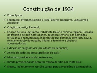 Constituição de 1934
 Promulgada;
 Federação, Presidencialismo e Três Poderes (executivo, Legislativo e
  Judiciário);
 Criação da Justiça Eleitoral;
 Criação de uma Legislação Trabalhista (salário mínimo regional, jornada
  de trabalho de oito horas diárias, descanso semanal aos domingos,
  férias anuais remuneradas, indenização por demissão sem justa causa,
  regulamentação do trabalho infantil e feminino e direito a
  aposentadoria);
 Extinção do cargo de vice-presidente da República;
 Anistia de todos os presos políticos do país;
 Mandato presidencial de quatro anos;
 Direito presidencial de decretar estado de sítio por trinta dias;
 Elegeu, indiretamente, Getúlio Vargas para a Presidência da República.
 