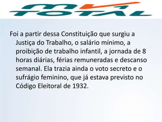 Foi a partir dessa Constituição que surgiu a
Justiça do Trabalho, o salário mínimo, a
proibição de trabalho infantil, a jornada de 8
horas diárias, férias remuneradas e descanso
semanal. Ela trazia ainda o voto secreto e o
sufrágio feminino, que já estava previsto no
Código Eleitoral de 1932.
HISTÓRIA, 9º Ano do Ensino Fundamental
Brasil dos anos 1930 - 1945
 