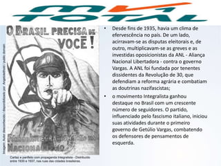 • Desde fins de 1935, havia um clima de
efervescência no país. De um lado,
acirravam-se as disputas eleitorais e, de
outro, multiplicavam-se as greves e as
investidas oposicionistas da ANL - Aliança
Nacional Libertadora - contra o governo
Vargas. A ANL foi fundada por tenentes
dissidentes da Revolução de 30, que
defendiam a reforma agrária e combatiam
as doutrinas nazifascistas;
• o movimento Integralista ganhou
destaque no Brasil com um crescente
número de seguidores. O partido,
influenciado pelo fascismo italiano, iniciou
suas atividades durante o primeiro
governo de Getúlio Vargas, combatendo
os defensores de pensamentos de
esquerda.
HISTÓRIA, 9º Ano do Ensino Fundamental
Brasil dos anos 1930 - 1945
Cartaz e panfleto com propaganda Integralista - Distribuído
entre 1935 e 1937, nas ruas das cidades brasileiras.
Imagem:Autordesconhecido/disponibilizadoporAngeloleithold/publicdomain
 