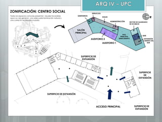 ZONIFICACIÓN: CENTRO SOCIAL
N
Todos los espacios comunes presentan visuales favorables
que a su vez generan una adecuada iluminación natural y
una correcta ventilación cruzada.
SALÓN
PRINCIPAL
SANITARIOS
AUDITORIO 1
AUDITORIO 2
SERVICIOS
HALL
PRINCIPAL
SEMICUBIERTO
HALL
ADMINISTRACIÓN
AULAS
BAR
EXPANSIÓN
CUBIERTA DEL
BAR
SECTOR DE GUARDADO
DE ECOBICIS
SUPERFICIE DE EXPANSIÓN
SUPERFICIE DE
EXPANSIÓN
SUPERFICIE
DE
EXPANSIÓN
SUPERFICIE DE
EXPANSIÓN
ACCESO PRINCIPAL
 