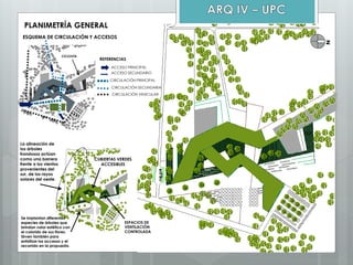 PLANIMETRÍA GENERAL
N
ESQUEMA DE CIRCULACIÓN Y ACCESOS
REFERENCIAS
ACCESO SECUNDARIO
ACCESO PRINCIPAL
CIRCULACIÓN PRINCIPAL
CIRCULACIÓN SECUNDARIA
CIRCULACIÓN VEHICULAR
CICLOVÍA
CUBIERTAS VERDES
ACCESIBLES
La alineación de
los árboles
frondosos actúan
como una barrera
frente a los vientos
provenientes del
sur, de los rayos
solares del oeste.
Se implantan diferentes
especies de árboles que
brindan valor estético con
el colorido de sus flores.
Sirven también para
enfatizar los accesos y el
recorrido en la propuesta.
ESPACIOS DE
VENTILACIÓN
CONTROLADA
 
