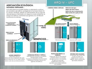 ADECUACIÓN ECOLÓGICA:
FACHADAS VENTILADAS…
Con este sistema es posible realizar un aislamiento continuo
por el exterior del edificio, protegiendo la fachada interior. En
la cámara ventilada, debido al calentamiento de la capa de
aire del espacio intermedio con respecto al aire ambiental, se
produce el «efecto chimenea» que genera una ventilación
contínua en la cámara.
PIEL DE
VIDRIO
BENEFICIOS…
AHORRO ENERGÉTICO
Aislamiento térmico.
Reducción de la dispersión del calor.
Menor absorción en los meses cálidos.
Menor costo de acondicionamiento.
DURABILIDAD TÉCNICA Y ESTÉTICA.
Nula absorción de polvo y suciedad.
Mantenimiento simple.
Favorece la dispersión de la humedad.
Estabilidad cromática frente a los
agentes atmosféricos.
PROTECCIÓN FRENTE A LA
HUMEDAD.
Protección de los cerramientos
y forjados frente a la entrada
de agua pluvial y a las heladas
en épocas invernales.
Material de la estructura
primaria y secundaria resistente
a la corrosión.
ENTORNO MÁS SALUDABLE.
Incremento del confort del
usuario acorde a las
exigencias en cuanto a
higiene, salud y protección
del medio ambiente.
CUBIERTAS VERDES: VENTAJAS -Retención del agua
-Mejora del clima urbano
-Reducción de la contaminación
-Mejor protección contra el ruido
 