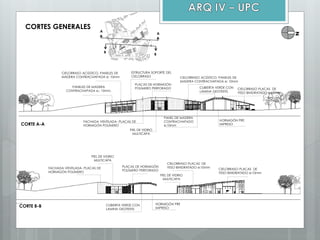 CORTES GENERALES
PANELES DE MADERA
CONTRACHAPADA e.: 10mm.
CIELORRASO ACÚSTICO, PANELES DE
MADERA CONTRACHAPADA e: 10mm
ESTRUCTURA SOPORTE DEL
CIELORRASO
FACHADA VENTILADA- PLACAS DE
HORMIGÓN POLÍMERO
PLACAS DE HORMIGÓN
POLÍMERO PERFORADO
PANEL DE MADERA
CONTRACHAPADO
e:10mm
CIELORRASO ACÚSTICO, PANELES DE
MADERA CONTRACHAPADA e: 10mm
PIEL DE VIDRIO
MULTICAPA
CUBIERTA VERDE CON
LAMINA GEOTEXTIL
CIELORRASO PLACAS DE
YESO BIHIDRATADO e:10mm
HORMIGÓN PRE
IMPRESOCORTE A-A
N
FACHADA VENTILADA- PLACAS DE
HORMIGÓN POLÍMERO
PIEL DE VIDRIO
MULTICAPA
PLACAS DE HORMIGÓN
POLÍMERO PERFORADO
CUBIERTA VERDE CON
LAMINA GEOTEXTIL
HORMIGÓN PRE
IMPRESO
PIEL DE VIDRIO
MULTICAPA
CIELORRASO PLACAS DE
YESO BIHIDRATADO e:10mm
CIELORRASO PLACAS DE
YESO BIHIDRATADO e:10mm
CORTE B-B
A
A
B
B
 