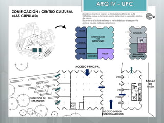 TALLER
TALLER
TALLER DE
FOTOGRAFÍA
SUPERFICIE LIBRE
PARA
EXPOSICIONES
SANITARIO
TALLER
ZONIFICACIÓN : CENTRO CULTURAL
«LAS CÚPULAS»
N
Decidimos mantener casi en su totalidad el edificio de «LAS
CÚPULAS» ya que la forma en planta determina la expresión plástica
del mismo.
El contorno articulado refuerza la verticalidad y a su vez permite
obtener visuales múltiples del entorno.
SUPERFICIE DE
EXPANSIÓN
ACCESO PRINCIPAL
BAR
EXPANSIÓN
SEMICUBIERTA
ACCESO DESDE EL
ESTACIONAMIENTO
BAJADA
DE
TALÚD
EXPANSIÓN
 