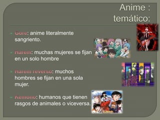  : anime literalmente
sangriento.
: muchas mujeres se fijan
en un solo hombre
: muchos
hombres se fijan en una sola
mujer.
: humanos que tienen
rasgos de animales o viceversa.