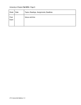 University of Dayton Fall 2014 - Page 6
LTC: Accessible Syllabus 1.3
Week Date Topics, Readings, Assignments, Deadlines
Final
Exam
Venue and time
 