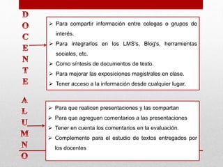  Para compartir información entre colegas o grupos de
interés.
 Para integrarlos en los LMS's, Blog's, herramientas
sociales, etc.
 Como síntesis de documentos de texto.
 Para mejorar las exposiciones magistrales en clase.
 Tener acceso a la información desde cualquier lugar.
 Para que realicen presentaciones y las compartan
 Para que agreguen comentarios a las presentaciones
 Tener en cuenta los comentarios en la evaluación.
 Complemento para el estudio de textos entregados por
los docentes
 