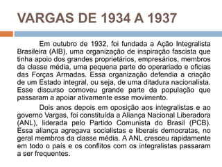 VARGAS DE 1934 A 1937
Em outubro de 1932, foi fundada a Ação Integralista
Brasileira (AIB), uma organização de inspiração fascista que
tinha apoio dos grandes proprietários, empresários, membros
da classe média, uma pequena parte do operariado e oficias
das Forças Armadas. Essa organização defendia a criação
de um Estado integral, ou seja, de uma ditadura nacionalista.
Esse discurso comoveu grande parte da população que
passaram a apoiar ativamente esse movimento.
Dois anos depois em oposição aos integralistas e ao
governo Vargas, foi constituída a Aliança Nacional Liberadora
(ANL), liderada pelo Partido Comunista do Brasil (PCB).
Essa aliança agregava socialistas e liberais democratas, no
geral membros da classe média. A ANL cresceu rapidamente
em todo o país e os conflitos com os integralistas passaram
a ser frequentes.
 