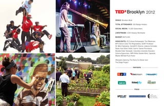 VENUE: Brooklyn Bowl
TOTAL ATTENDANCE: 300 Badge Holders
SOCIAL MEDIA: 15,000 Subscribers
LIVESTREAM: 4,000 Viewers Worldwide
BUDGET: $275,000
HIGHLIGHTS: US Cultural Ambassador Toni Blackman,
MTV Dance Crew The Ringmasters, SUNY Professor
Dr. Mitch Earlywine, GrowNYC Director Julianne Schrader,
Radio Host Brett Sidell, Author Daniel Pinchbeck,
Muralist Katie Yamasaki, Columbia University Educator
Ozioma Egwuonwu, NPR Writer Starlee Kline, Capoeria
Master Michael Puck Kranz
Afterparty featuring The Rub’s DJ Eleven and
The Didge Project
2012
PRESS
PARTNERS
 