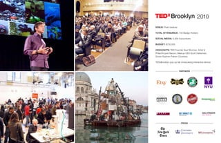 VENUE: Pratt Institute
TOTAL ATTENDANCE: 700 Badge Holders
SOCIAL MEDIA: 5,000 Subscribers
BUDGET: $750,000
HIGHLIGHTS: TED Founder Saul Wurman, Artist &
Philanthropist Swoon, Meetup CEO Scott Heiferman,
Ocean Explorer Fabien Cousteau
TEDxBrooklyn pop-up lab showcasing interactive demos
2010
PRESS
PARTNERS
 