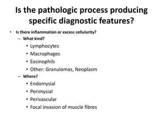 Is the pathologic process producing
specific diagnostic features?
• Is there inflammation or excess cellularity?
– What kind?
• Lymphocytes
• Macrophages
• Eosinophils
• Other: Granulomas, Neoplasm
– Where?
• Endomysial
• Perimysial
• Perivascular
• Focal invasion of muscle fibres
 