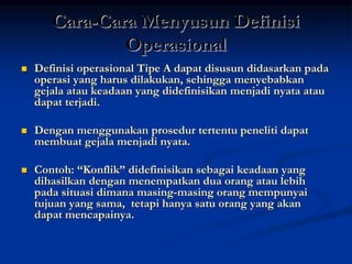 Cara-Cara Menyusun Definisi
Operasional
 Definisi operasional Tipe A dapat disusun didasarkan pada
operasi yang harus dilakukan, sehingga menyebabkan
gejala atau keadaan yang didefinisikan menjadi nyata atau
dapat terjadi.
 Dengan menggunakan prosedur tertentu peneliti dapat
membuat gejala menjadi nyata.
 Contoh: “Konflik” didefinisikan sebagai keadaan yang
dihasilkan dengan menempatkan dua orang atau lebih
pada situasi dimana masing-masing orang mempunyai
tujuan yang sama, tetapi hanya satu orang yang akan
dapat mencapainya.
 