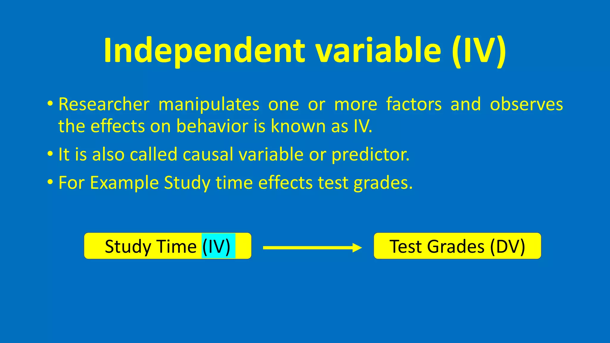 Independent variable (IV)
• Researcher manipulates one or more factors and observes
the effects on behavior is known as IV.
• It is also called causal variable or predictor.
• For Example Study time effects test grades.
Study Time (IV) Test Grades (DV)
 