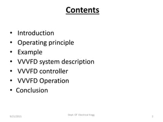 Contents
9/21/2015 2
Dept. Of Electrical Engg.
• Introduction
• Operating principle
• Example
• VVVFD system description
• VVVFD controller
• VVVFD Operation
• Conclusion
 