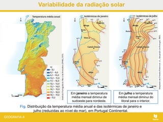 Fig. Distribuição da temperatura média anual e das isotérmicas de janeiro e
julho (reduzidas ao nível do mar), em Portugal Continental.
Sul do Tejo
Temperaturas
médias anuais
mais altas.
Em janeiro a temperatura
média mensal diminui de
sudoeste para nordeste.
Em julho a temperatura
média mensal diminui do
litoral para o interior.
Variabilidade da radiação solar
 