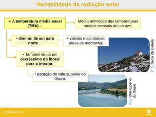  A temperatura média anual
(TMA)…
• também se dá um
decréscimo do litoral
para o interior,
• valores mais baixos:
áreas de montanha;
• diminui de sul para
norte…
Média aritmética das temperaturas
médias mensais de um ano.
• exceção do vale superior do
Douro.
Fig.Valesuperior
doDouro
Fig.SerradaEstrela
Variabilidade da radiação solar
 