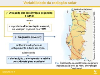 AdaptadodeOrlandoRibeiroet.al.,GeografiadePortugal,1969.
Fig. Distribuição das isotérmicas de janeiro
(reduzidas ao nível do mar), em Portugal
Continental.
 O traçado das isotérmicas de janeiro
e julho:
 Em janeiro (inverno):
• importante diferenciação sazonal,
na variação espacial das TMM.
revela
• isotérmicas dispõem-se
obliquamente à linha de costa;
• diminuição da temperatura média
de sudoeste para nordeste;
evidenciando
Variabilidade da radiação solar
 