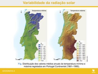 Fig. Distribuição dos valores médios anuais da temperatura mínima e
máxima registados em Portugal Continental (1961–1990).
Variabilidade da radiação solar
 